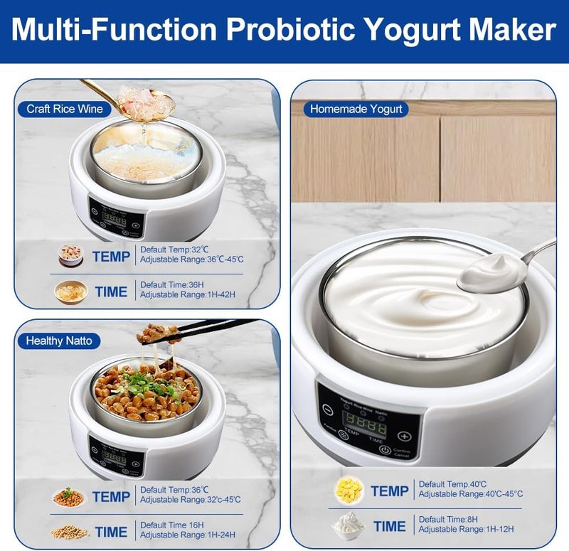 Abnaok Yogurt Maker with Adjust Temp & Time, Multi-Function Probiotic Yogurt Maker with BPA-free PP Lid, Celsius Increment, 304 Stainless Steel Inner Bowl, LED Display - Image 4